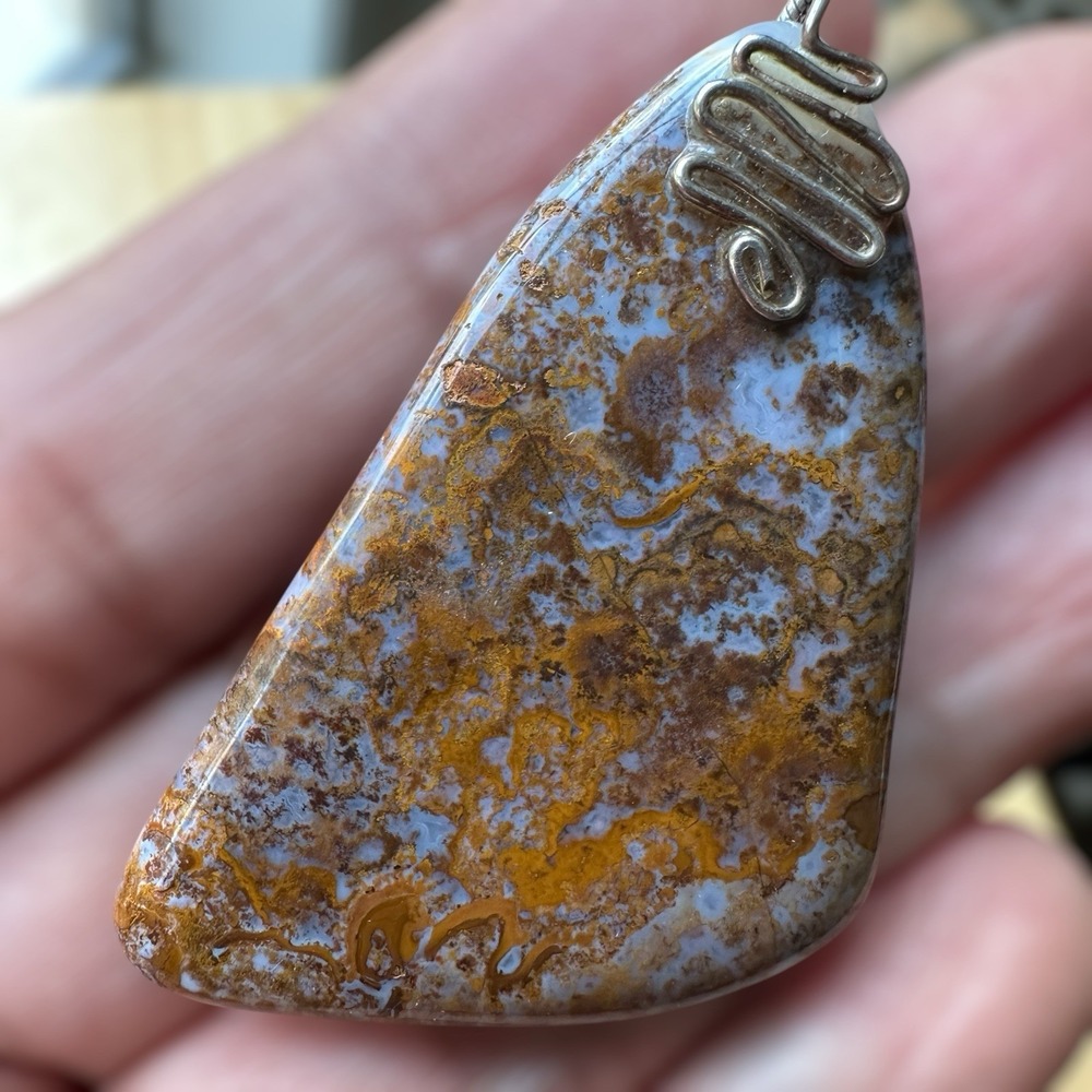 VTG Pendant Necklace 30 Inch Macau‎ Moss Agate Pendant 925 Sterling Italy Chain